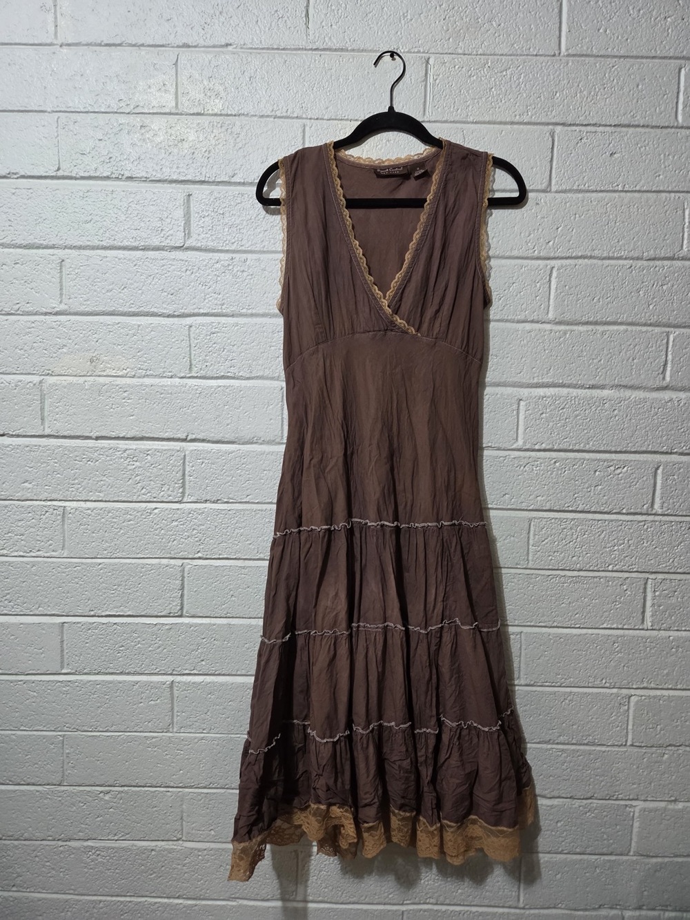 HandDyed 100% Cotton Tiered Midi Sleeveless Brown Lace-Trim Dress Y2K Wrap Front